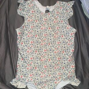 Blue and White One Piece Swim with Floral Print and Ruffled Legs